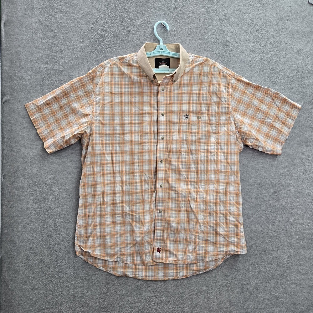PBR Men Button Up Shirt XL Orange Logo Crown Embroidery Plaid Western Collar